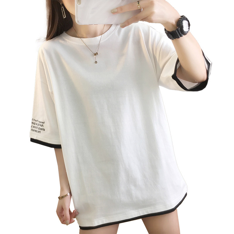 白Tシャツ 袖配色ラインゆったりクルーネック半袖トップス