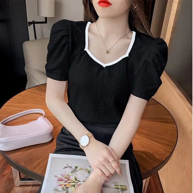 白Tシャツレディース パフスリーブ配色パイピングブイネック半袖トップス