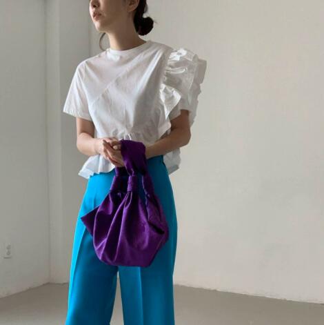 白Tシャツ 白半袖ティーシャツ フリル袖 不規則裾デザイン