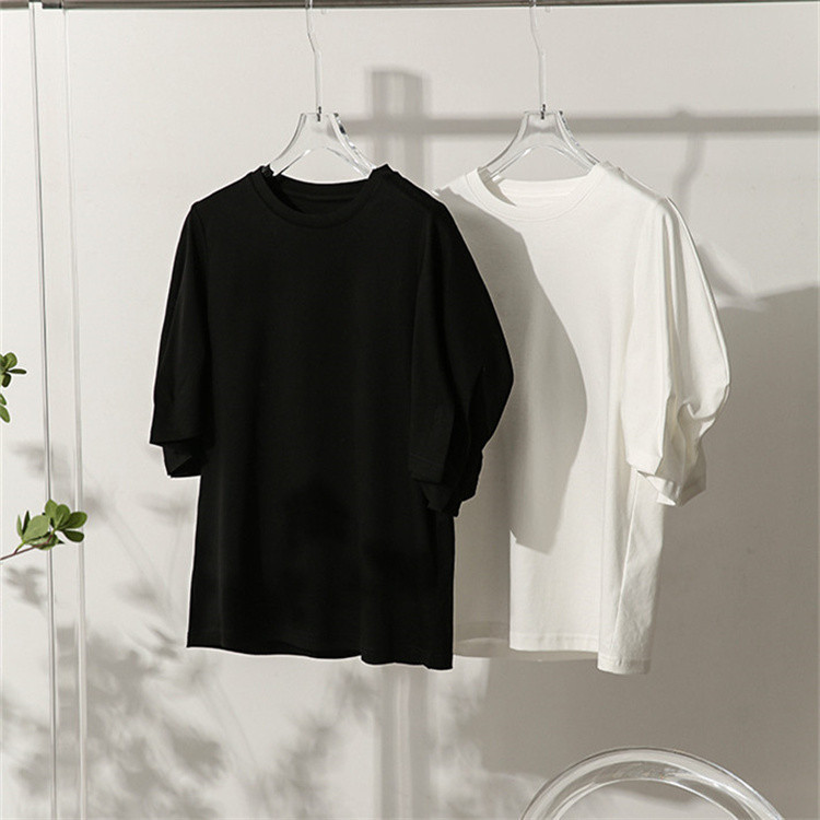 白Tシャツ ゆったりパフスリーブ丸首半袖白シャツ