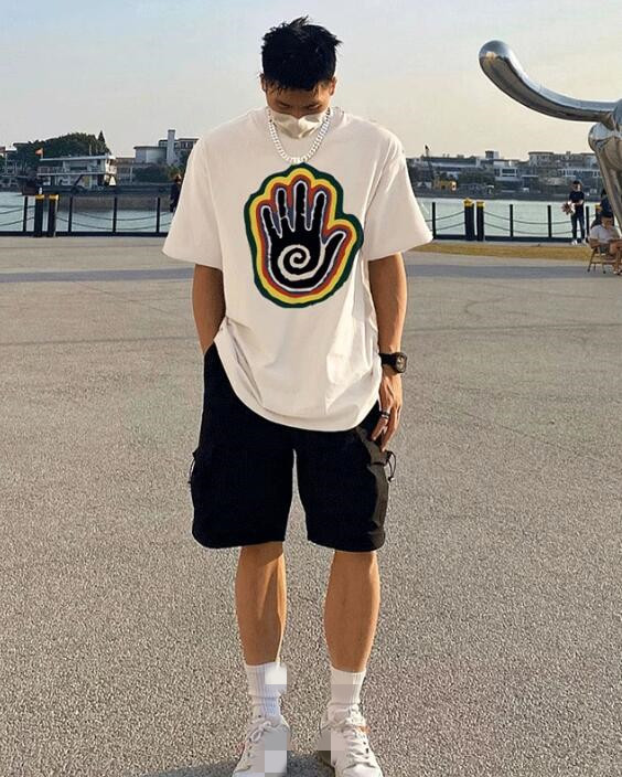 白Tシャツ 夏メンズ半袖白地手の平プリント半袖綿素材