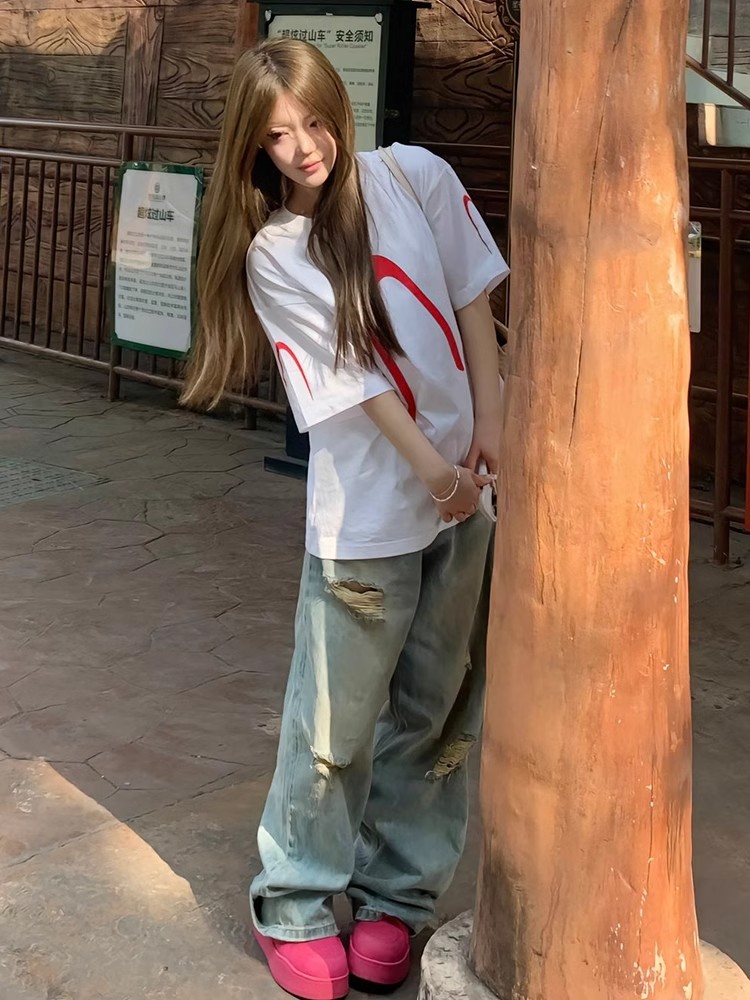 白Tシャツ レディース バックプリントゆったりデザイン