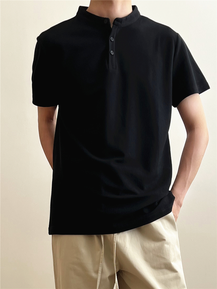 白Tシャツ メンズ すっきり立ち襟 半袖プルオーバー