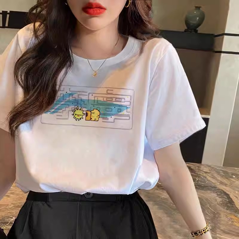 白Tシャツ レディース カラフル迷路プリント