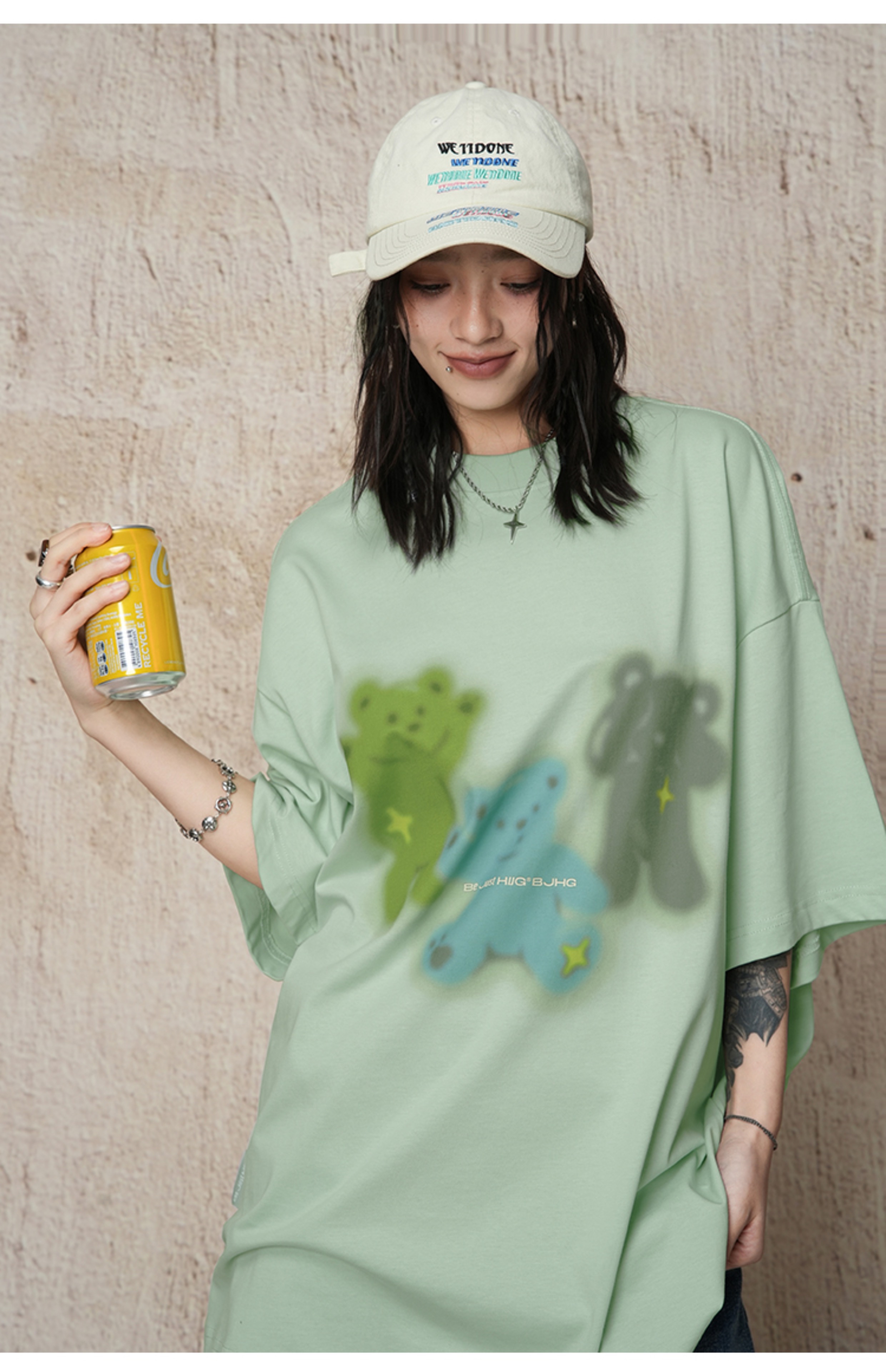 白Tシャツ メンズ 三色くまさん柄プリント半袖