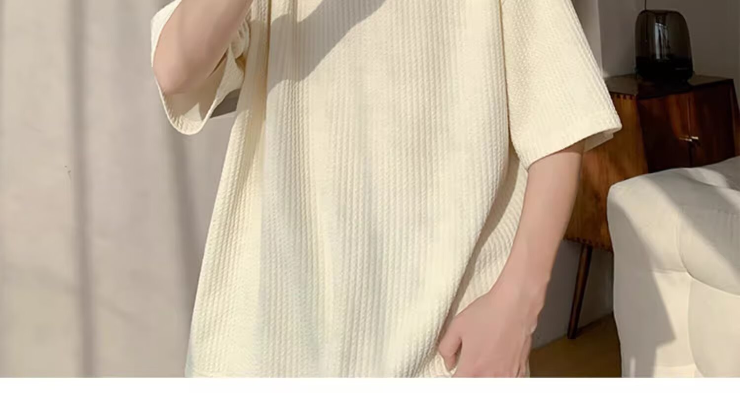 白Tシャツメンズ 立体ワッフル編み五分袖オーバーサイズ半袖