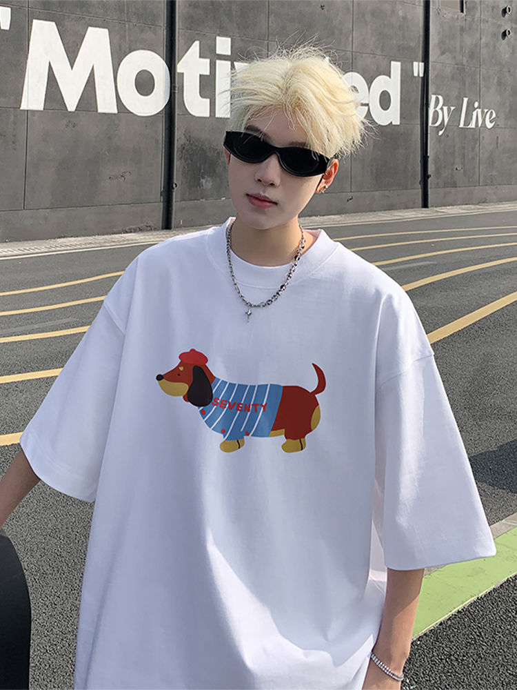 白Tシャツ メンズ おしゃれダックスフンド プリント半袖