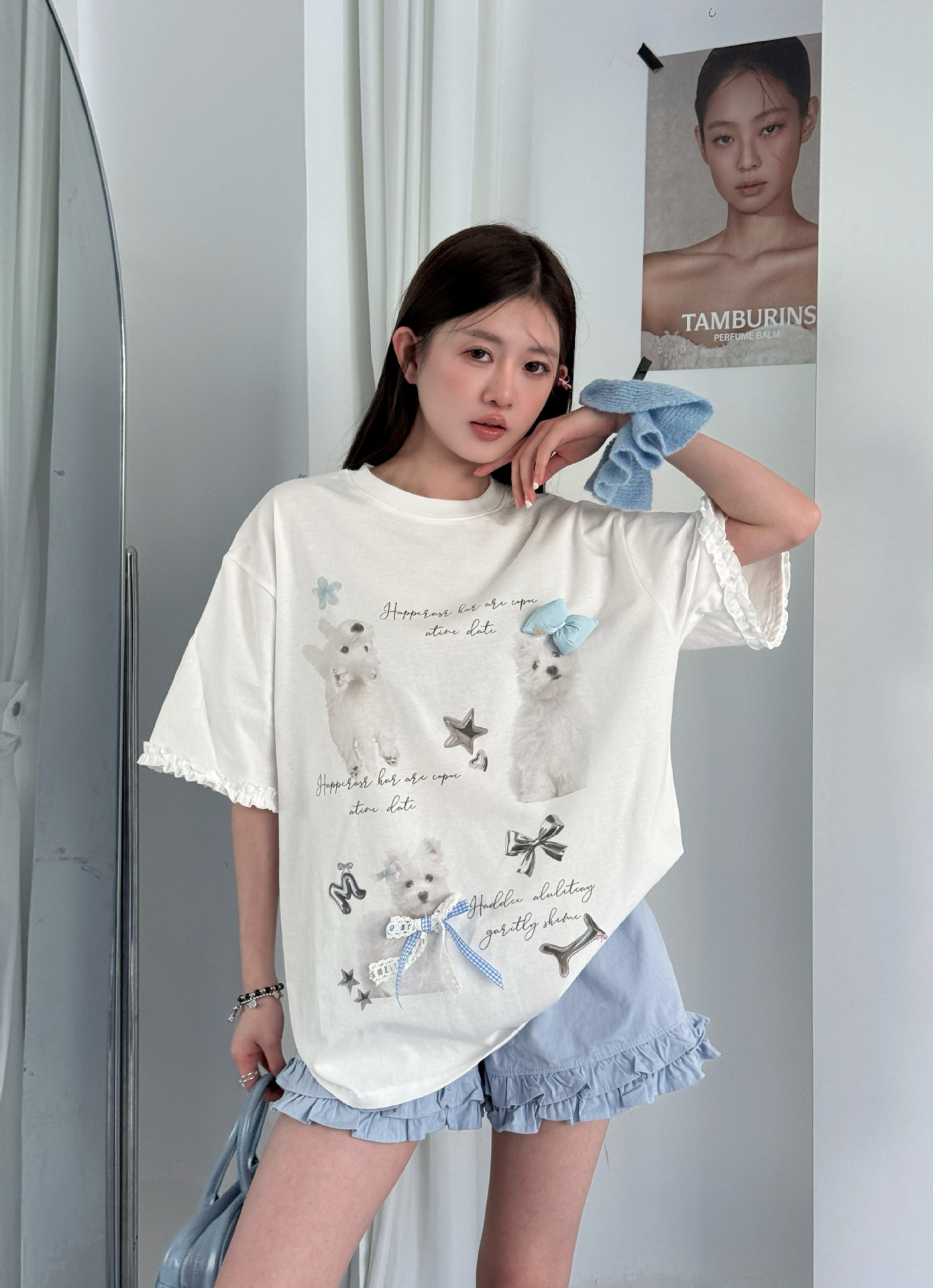 白Tシャツ レディース フリル袖子犬プリント半袖シャツ