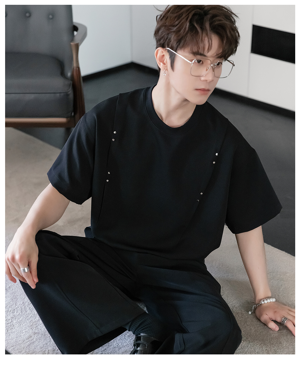 白Tシャツ メンズ 飾りステッチ入りドロップショルダー