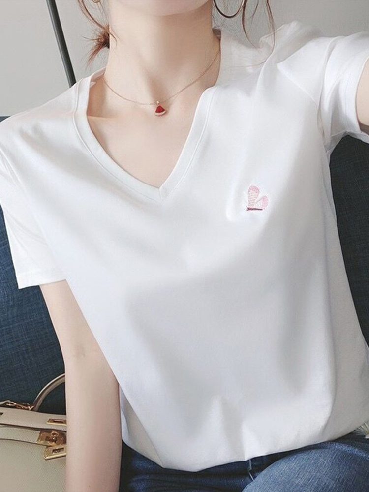 白Tシャツ レディース 優しい羽刺繍入りVネック半袖
