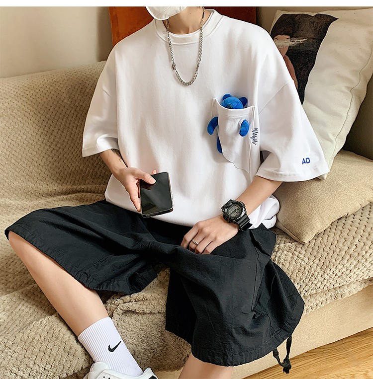 白Tシャツ メンズ ポケット付きゆったり半袖シャツ
