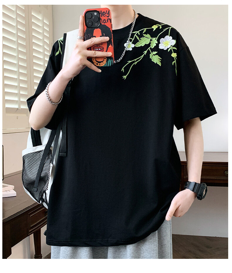 白Tシャツ メンズ 花草刺繍ゆったり半袖
