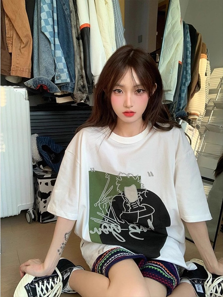 白Tシャツ レディース イラストアートオーバーサイズ半袖
