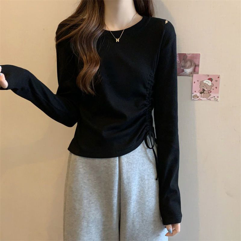 白Tシャツ レディース 白 長袖トップス サイドドロスト リブ素材