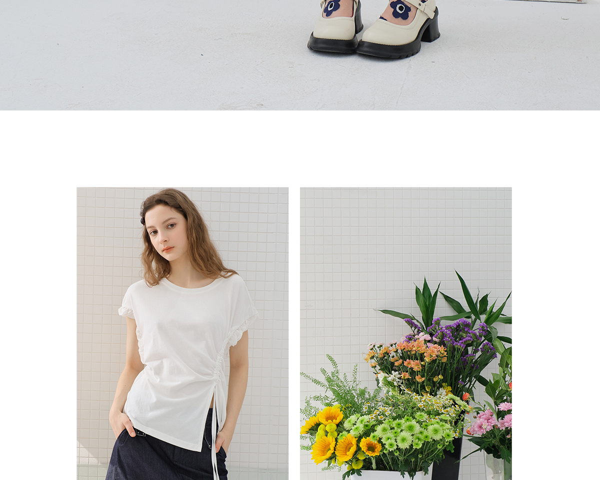 白Tシャツ サイドギャザーフリル袖カットソー