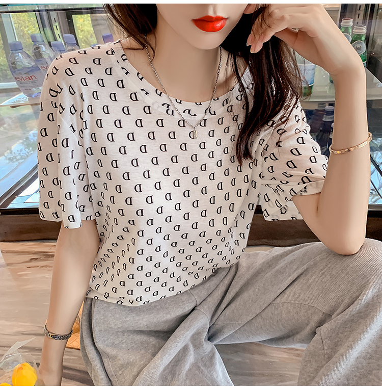 白Tシャツ レディース モダン柄プリントゆったり半袖