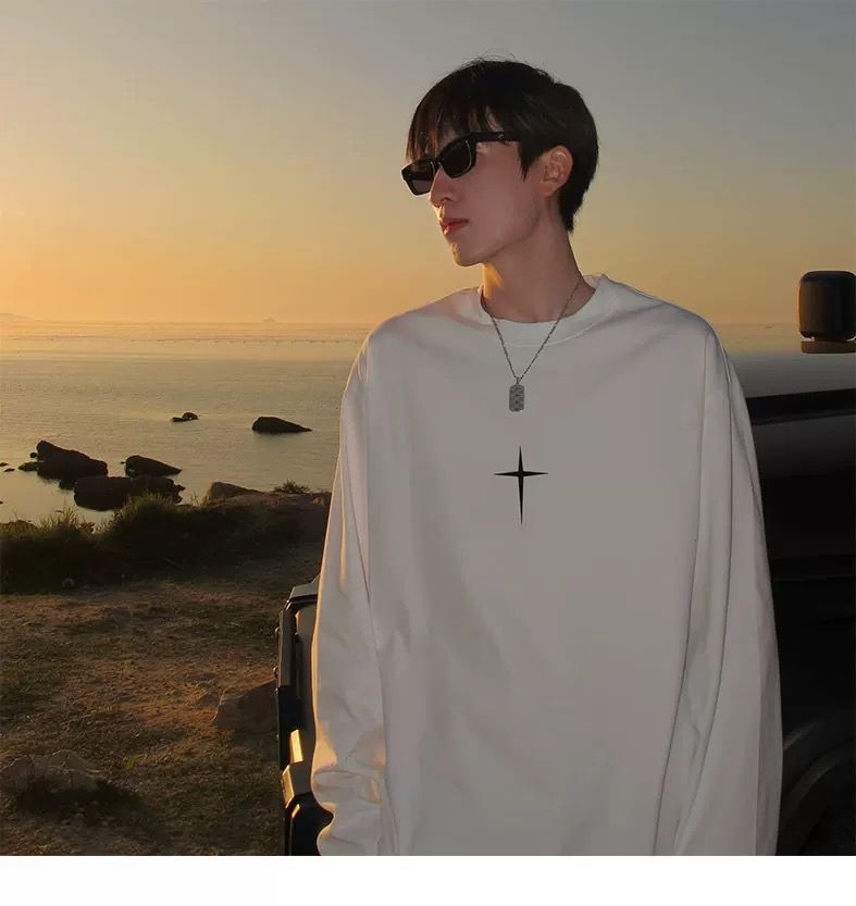 メンズ十字架プリント長袖白Tシャツゆったりシルエット