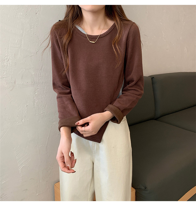 白Tシャツ 裏起毛重ね着風丸首長袖シャツ レディース