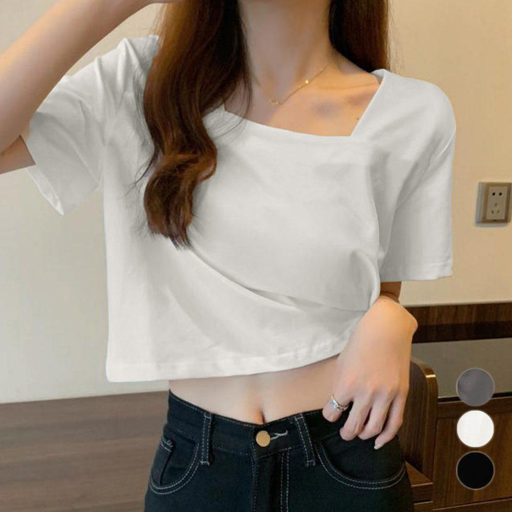 スクエアネック ショート丈半袖白Tシャツ レディース