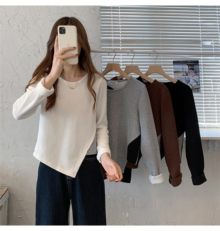 白Tシャツ 裏起毛重ね着風丸首長袖シャツ レディース