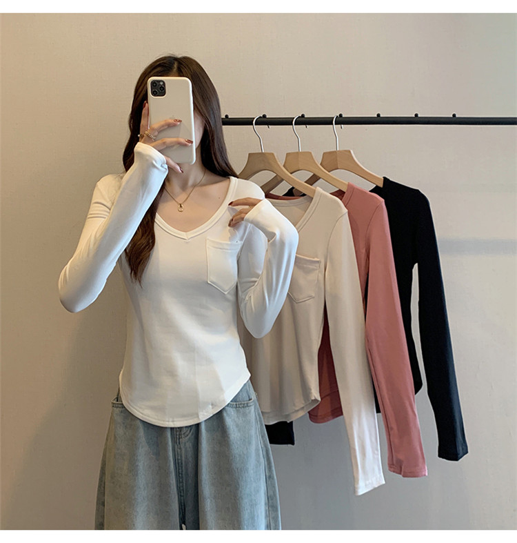 白Tシャツ 裏起毛ブイネック長袖白基調シャツ