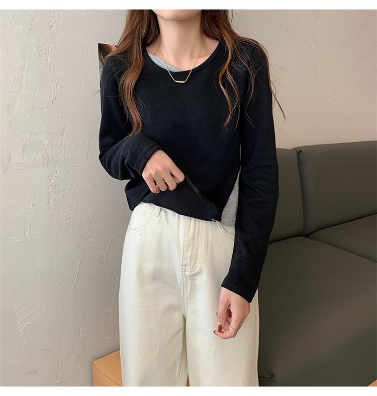 白Tシャツ 裏起毛重ね着風丸首長袖シャツ レディース