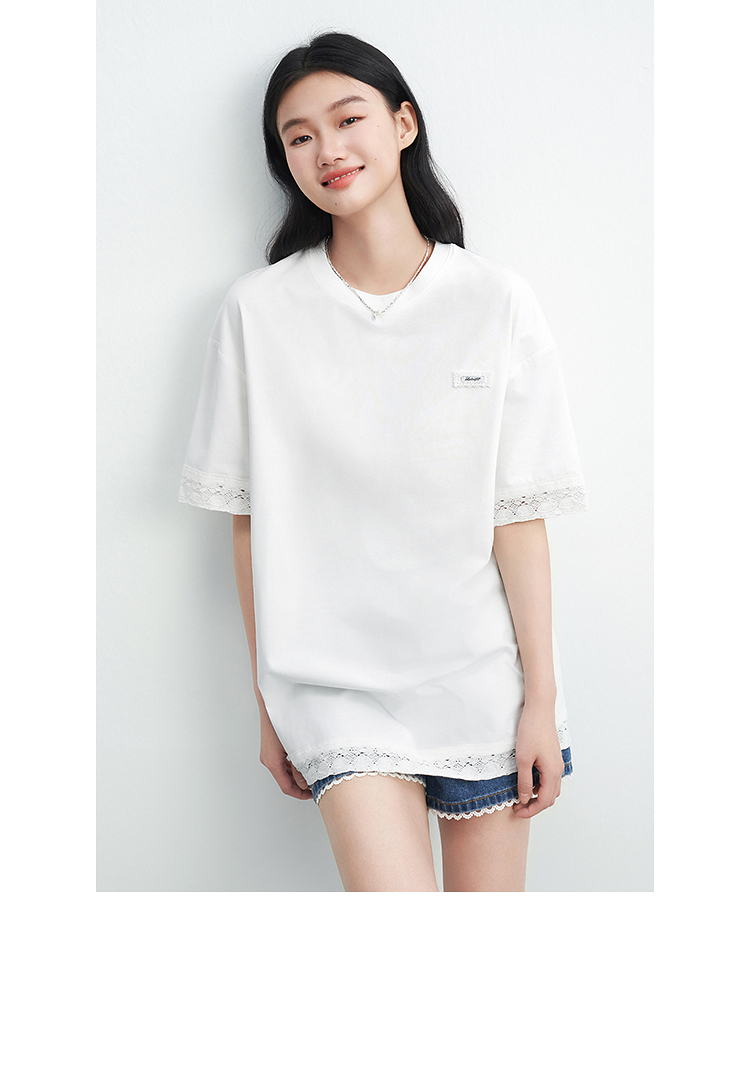 白Tシャツ レース飾り付きゆったり半袖カットソー