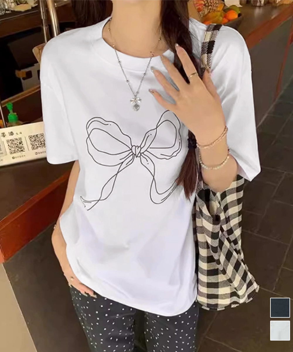白Tシャツ リボンプリント半袖Tシャツ レディース 白T