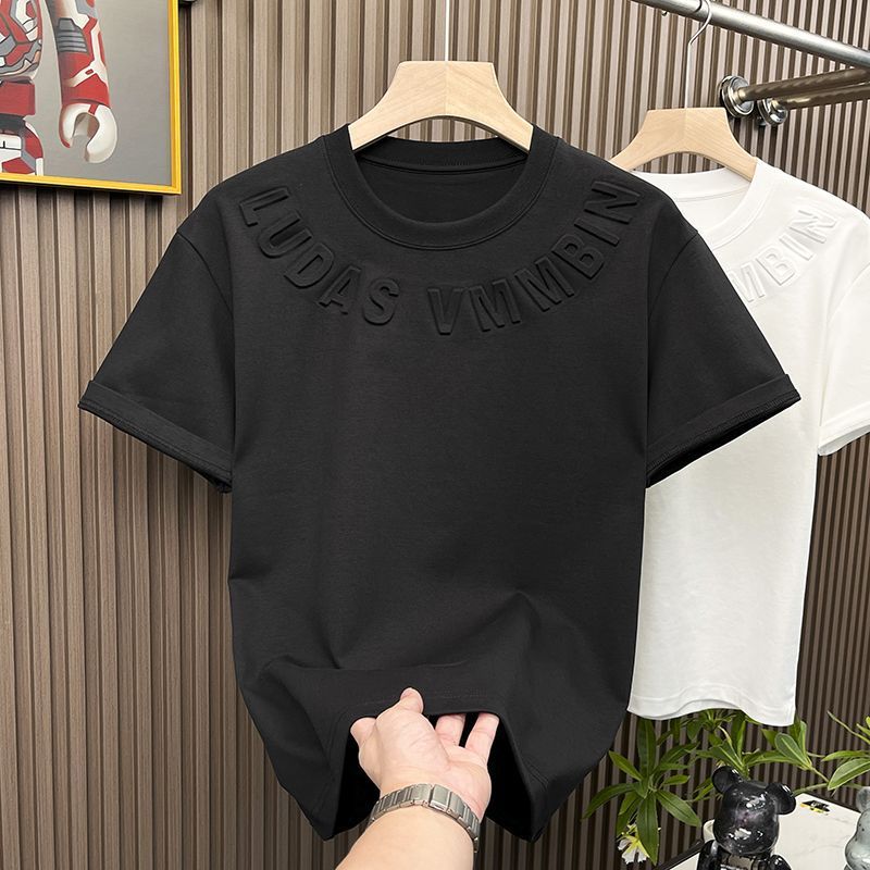 白Tシャツメンズ 立体ロゴ刺繍クルーネック半袖Tシャツ