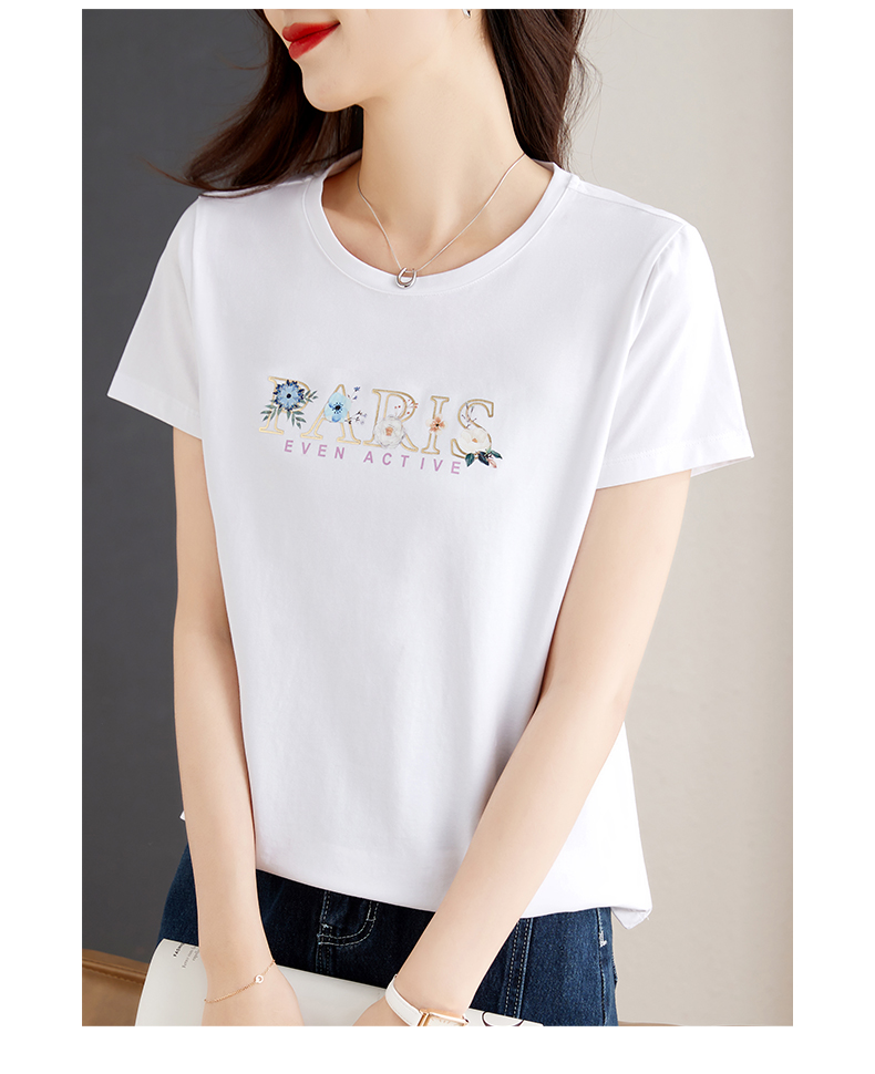 白Tシャツ 花柄レタリング装飾丸首半袖シャツ