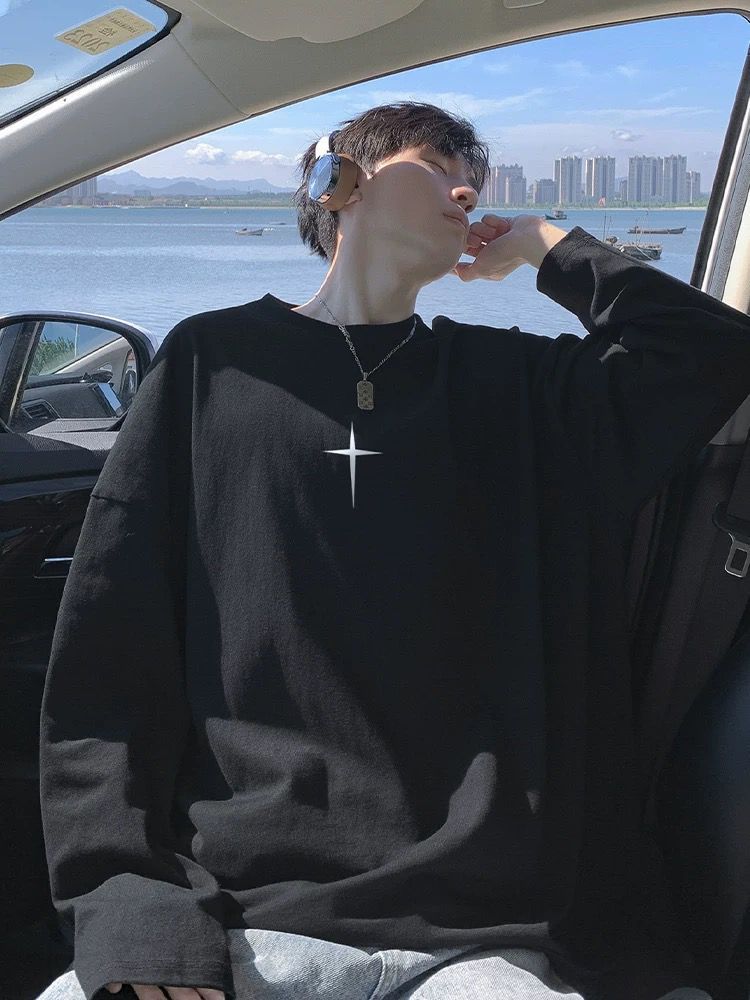 メンズ十字架プリント長袖白Tシャツゆったりシルエット