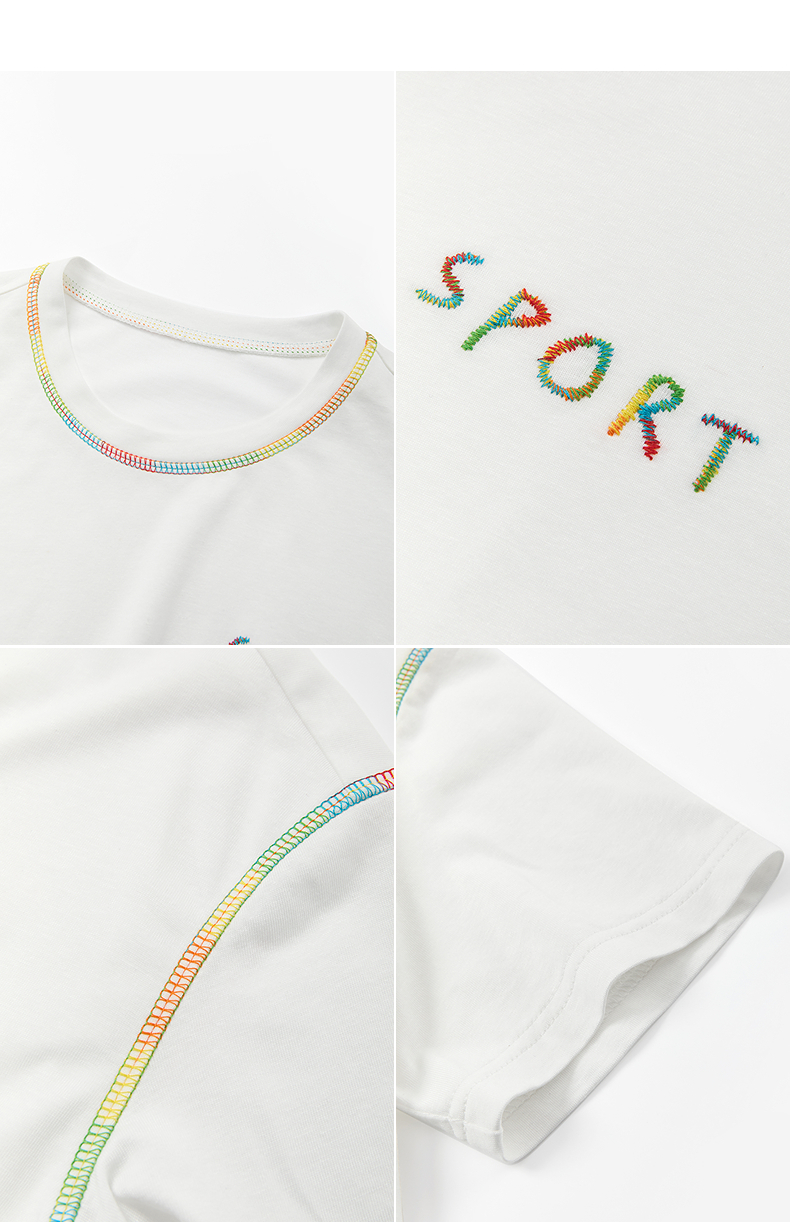 白Tシャツ 虹色ステッチ装飾クルーネック半袖