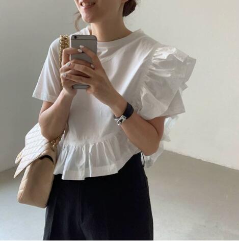白Tシャツ 白半袖ティーシャツ フリル袖 不規則裾デザイン