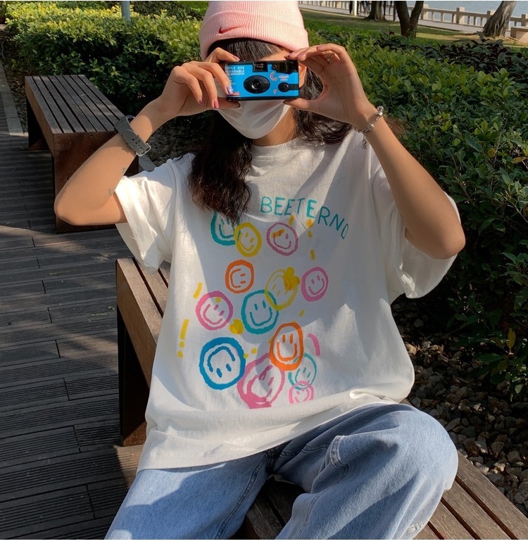白Tシャツ レディース にこにこ笑顔プリント半袖シャツ