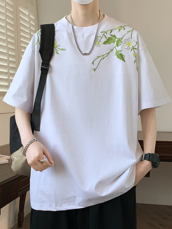 白Tシャツ メンズ 花草刺繍ゆったり半袖