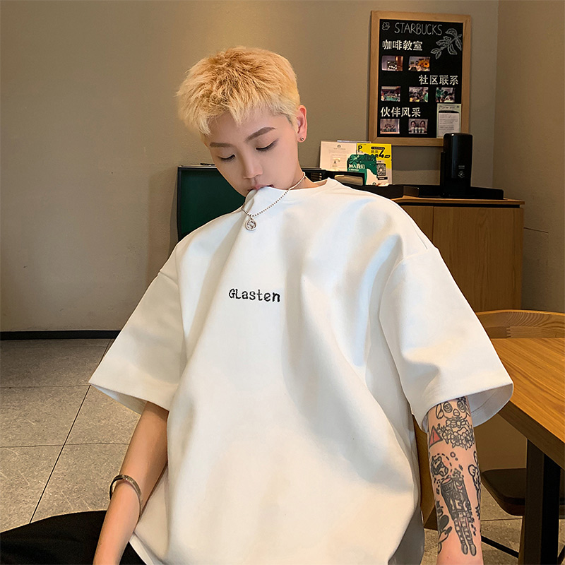 白Tシャツ メンズ シンプル刺繍入り五分袖カットソー