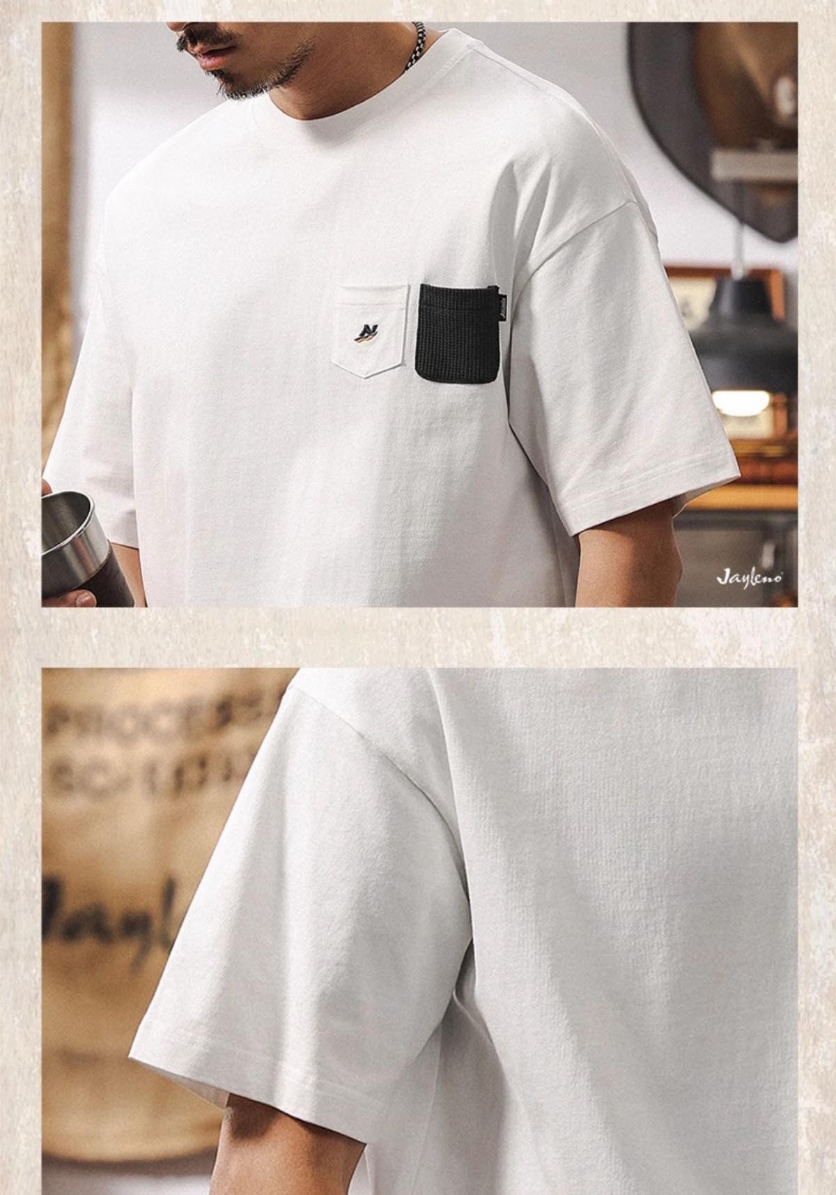 メンズ ゆったり半袖白Tシャツ ポケット付きカジュアルトップス