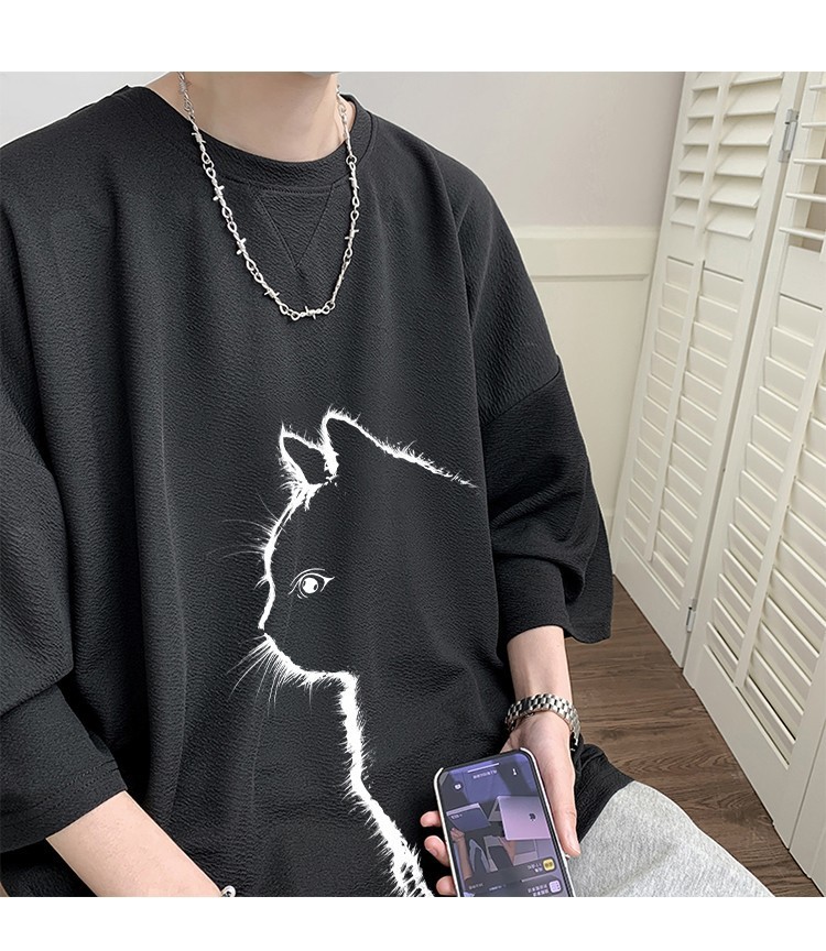 白Tシャツメンズ 猫イラスト刺繍ゆったり五分袖シャツ