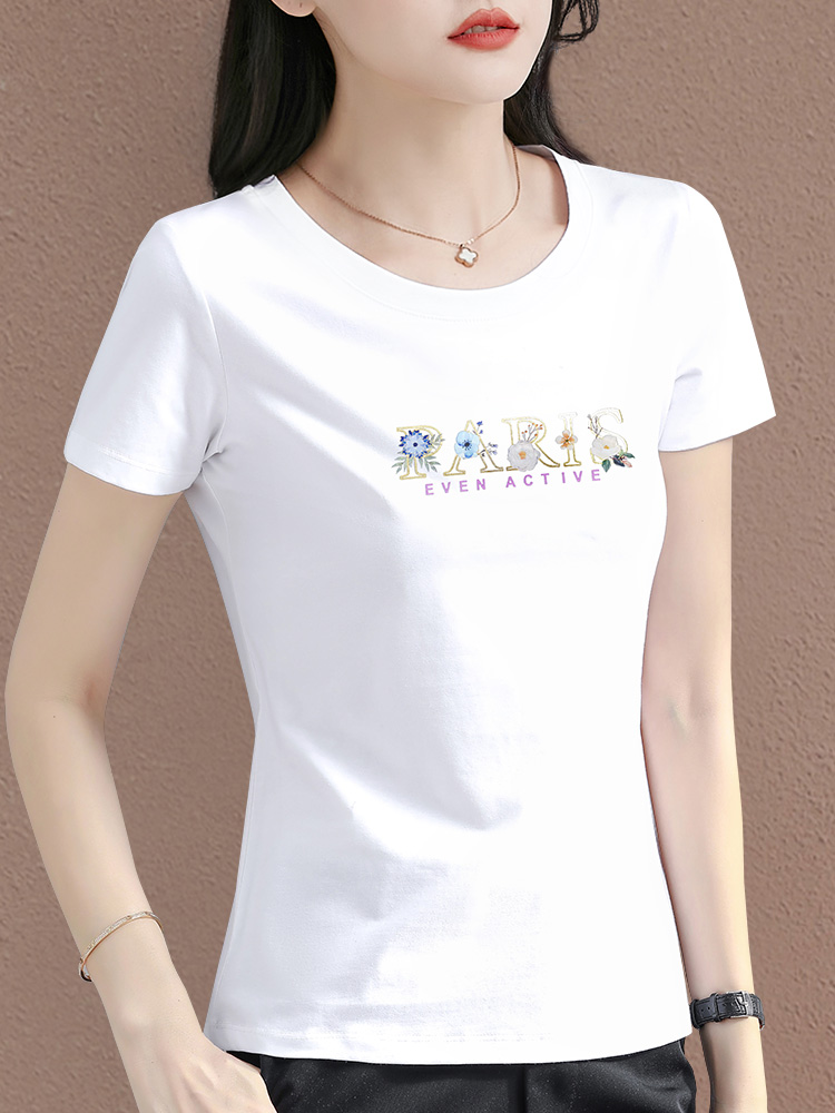 白Tシャツ 花柄レタリング装飾丸首半袖シャツ