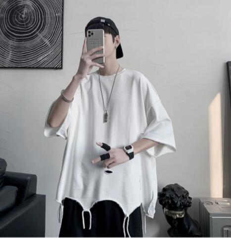 メンズ 白Tシャツ 半袖 ダメージ加工 オーバーサイズ