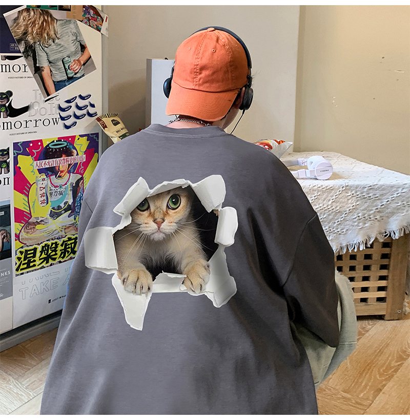 白Tシャツ メンズ 飛び出す猫 立体デザイン半袖