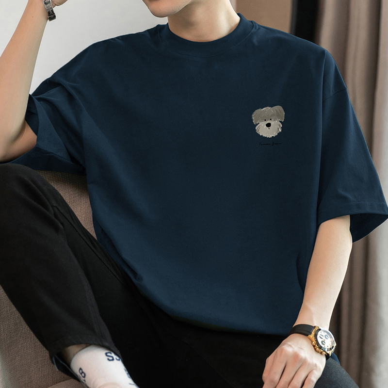 白Tシャツ メンズ 子犬刺繍入りゆったり半袖