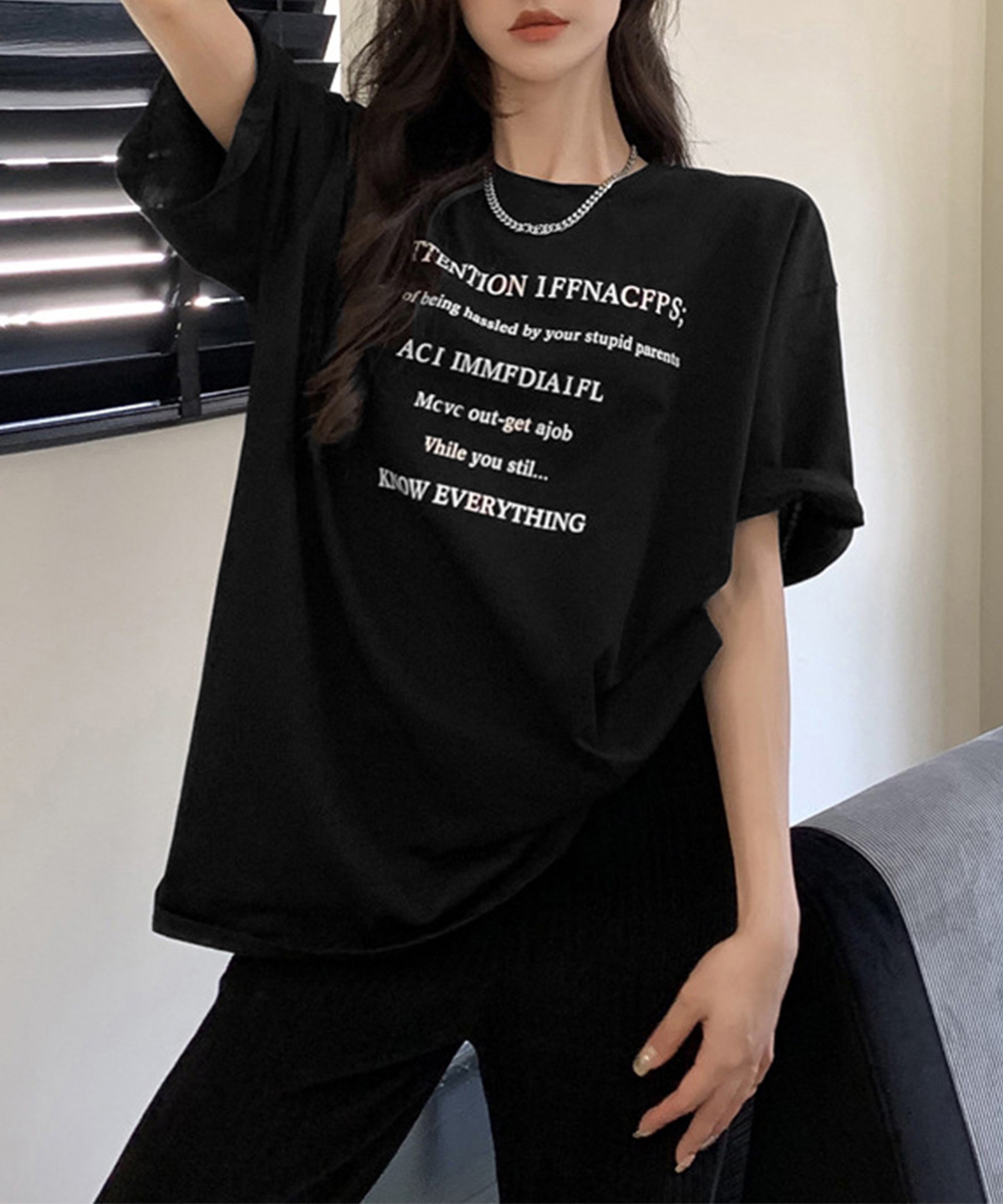 文字プリント半袖ゆったり韓国風白Tシャツ