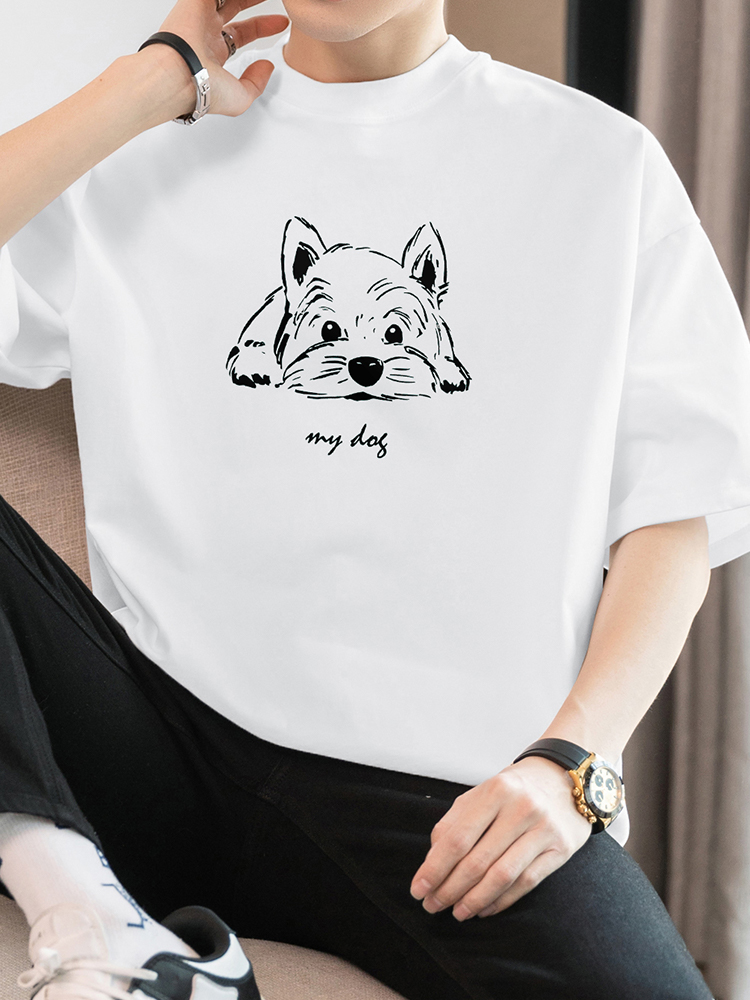 白Tシャツ メンズ 愛犬イラスト ゆったり半袖