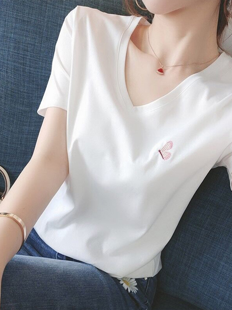白Tシャツ レディース 優しい羽刺繍入りVネック半袖