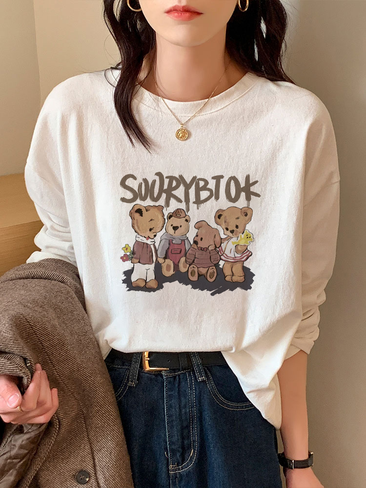 白Tシャツ レディース 優しい肌触り動物イラスト長袖
