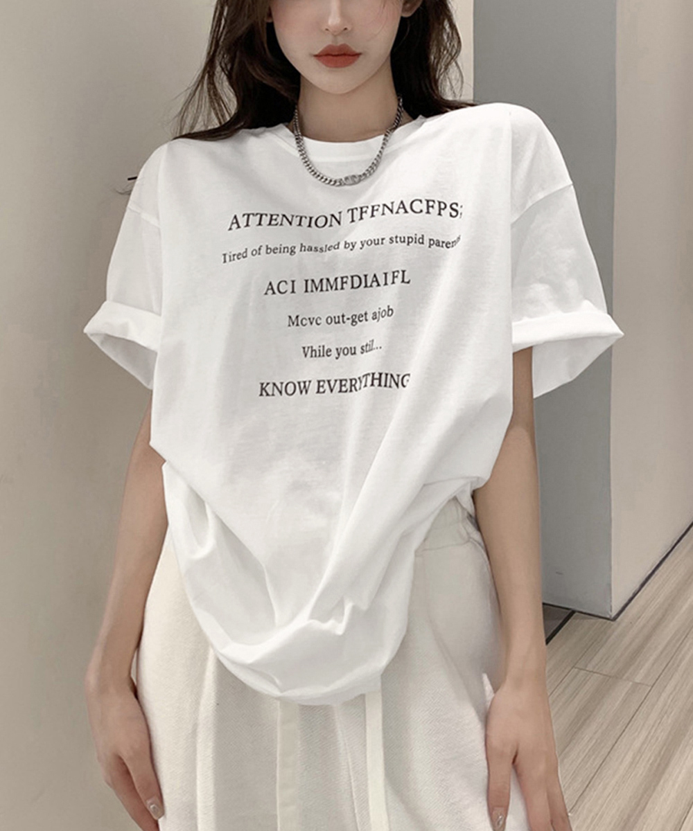 文字プリント半袖ゆったり韓国風白Tシャツ