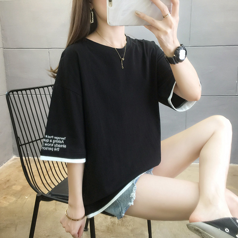 白Tシャツ 袖配色ラインゆったりクルーネック半袖トップス