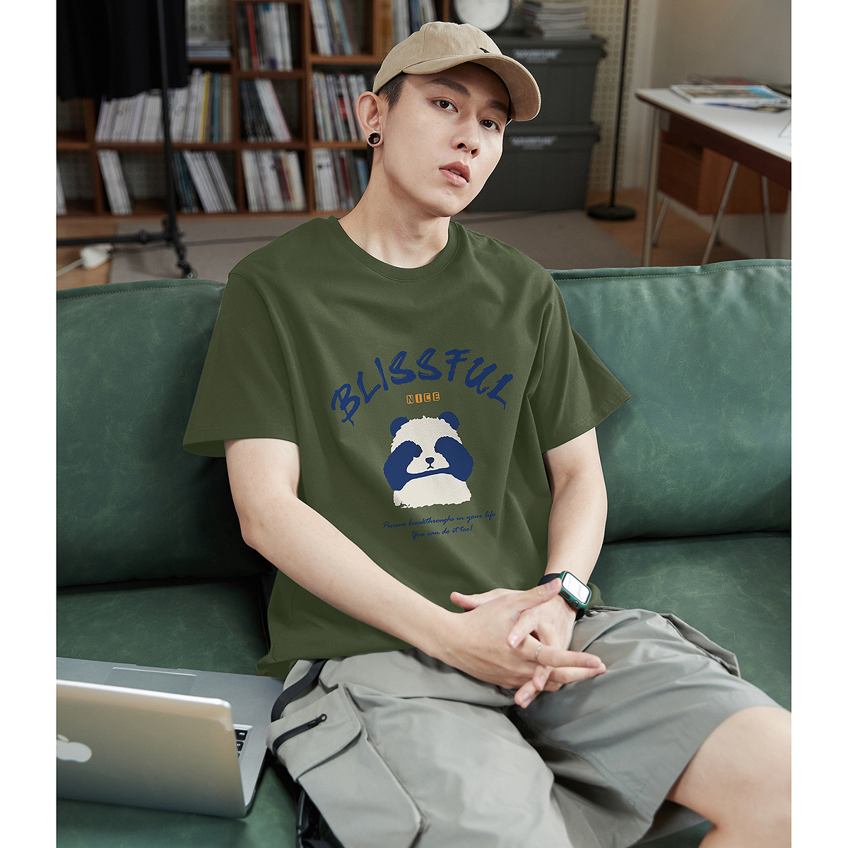 白Tシャツ メンズ 幸せパンダ イラスト半袖シャツ