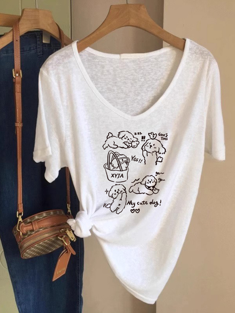 白Tシャツ イラスト柄ゆったりカットソー